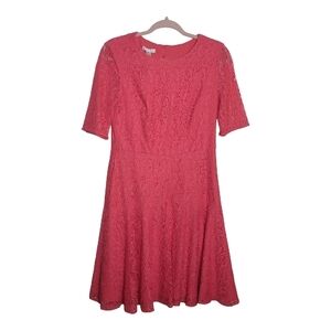 London Times Sz 8 Coral Fit & Flare Midi Dress Lace Overlay Short Sleeve Preppy